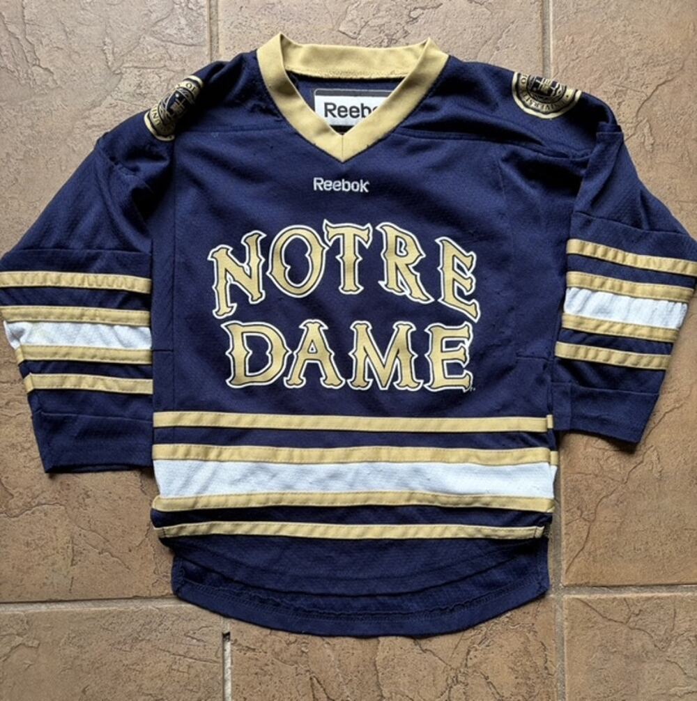 Y2K Notre Dame Fighting Irish Reebok Youth Hockey Jersey Blue Gold Size 4-7